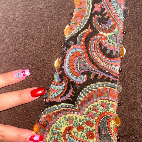 Vintage Brown Sequin Beaded Adorned Embellishments Top with Mesh Paisley Sleeves - Picture 5 of 8